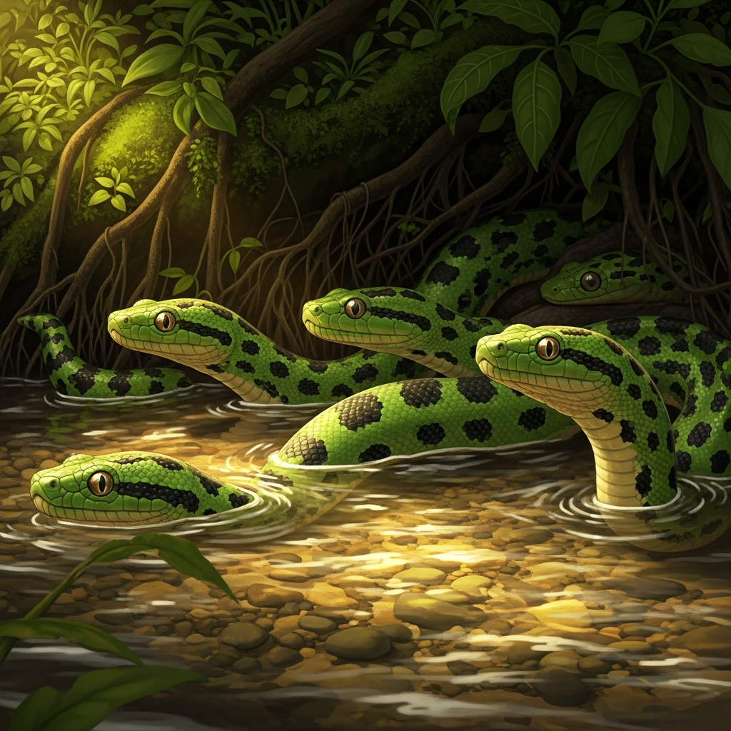 A naturalistic illustration of several small Green Anaconda hatchlings emerging into a shallow water environment, looking independent and ready to swim, warm lighting, natural setting, no text