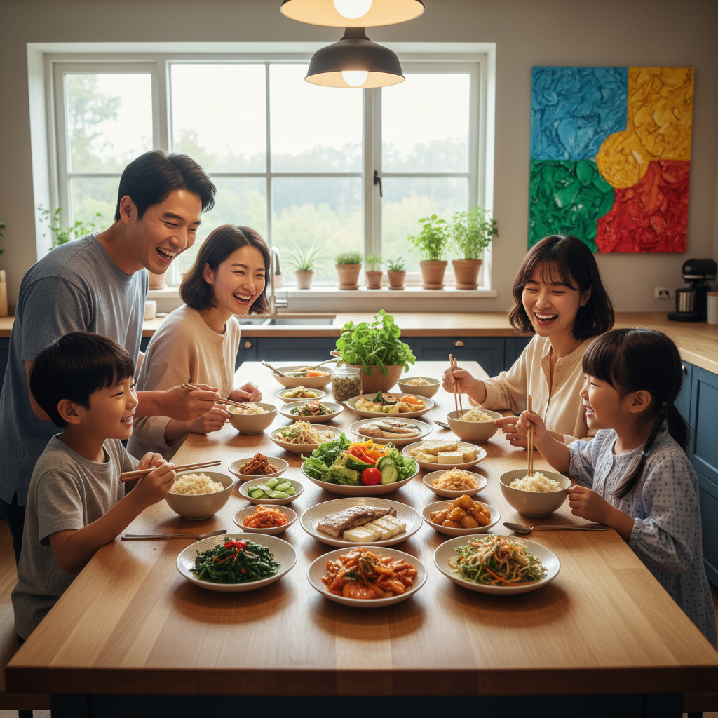 A vibrant and healthy Korean family, including young children, enjoying a balanced meal in a bright, modern kitchen, symbolizing strong immunity and health. The atmosphere is warm and joyful, with a colorful, textured background. No text
