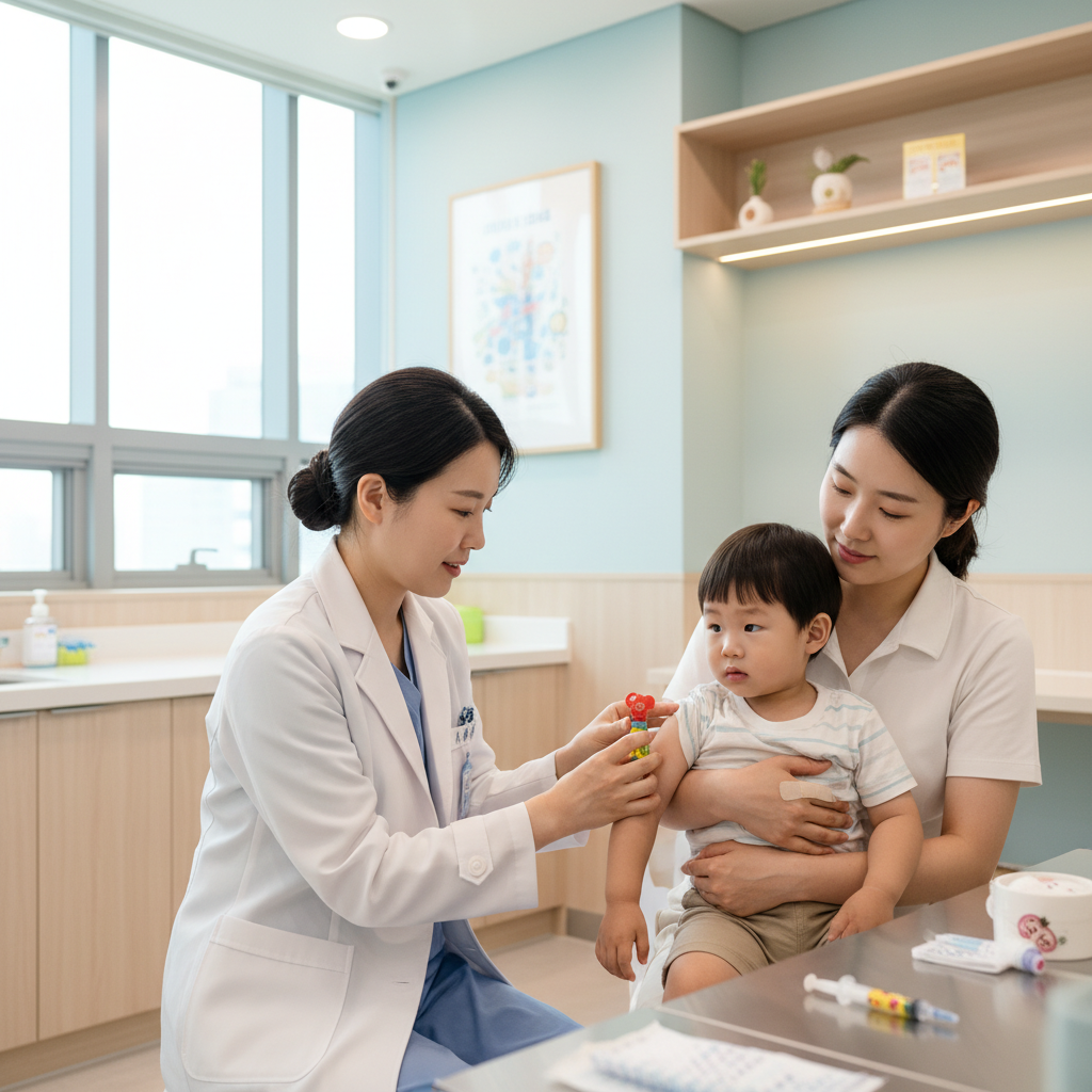 A realistic scene of a Korean pediatrician giving an MMR vaccine shot to a child, with a caring parent looking on. The setting is a clean, modern clinic with bright, balanced lighting and a subtly colored background. No text