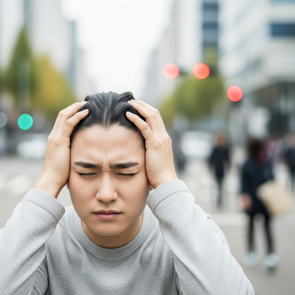 A Korean person experiencing dizziness, holding their head, looking uncomfortable. The background is slightly blurred, suggesting a busy, stressful environment. The lighting is soft but clear. Lifestyle photography, no text.