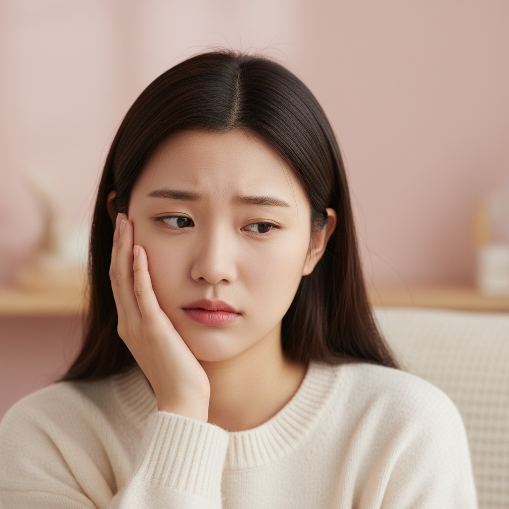 A young Korean woman gently touching her cheek with a concerned but thoughtful expression, soft natural lighting, cozy home setting, gradient pink and beige background, no text