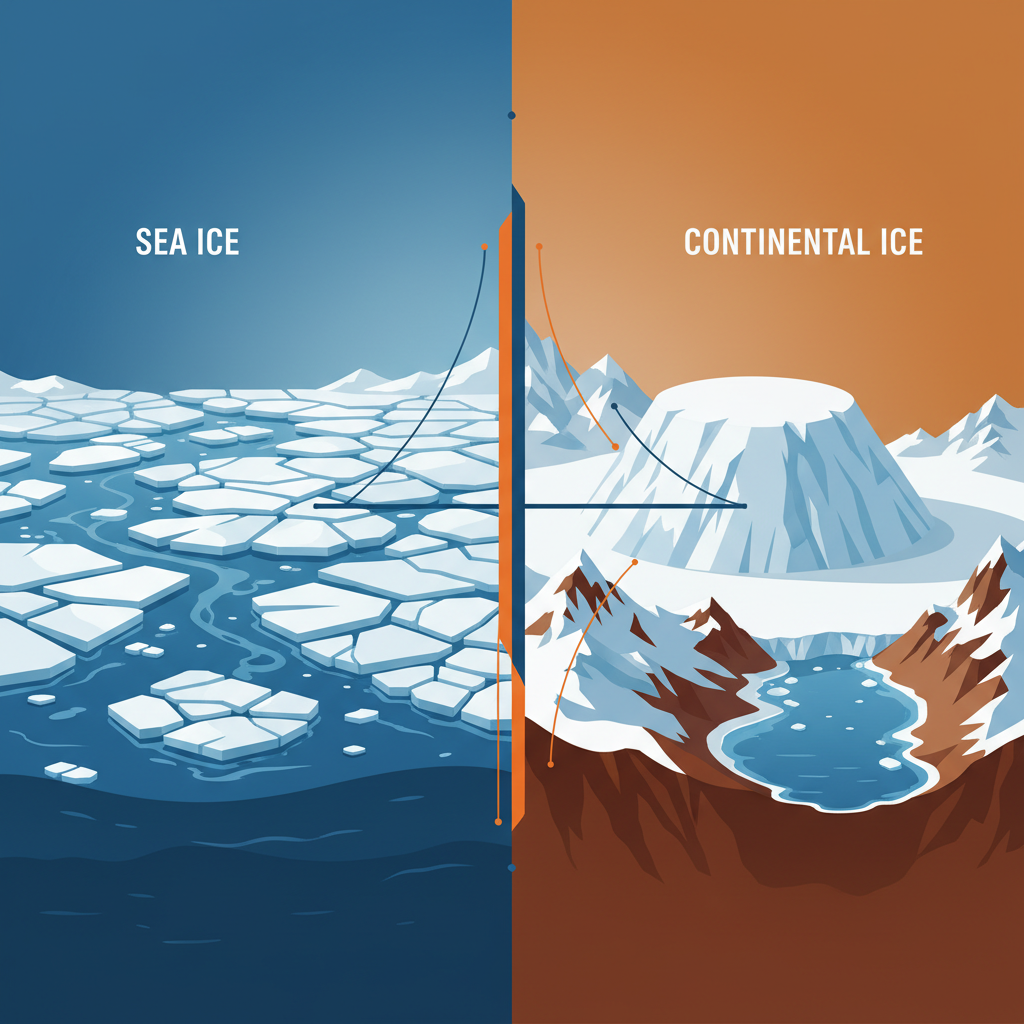 Clean infographic showing two distinct icy landscapes side by side, one with sea ice and the other with a continent, highlighting their geographical differences, high contrast, colored background, no text
