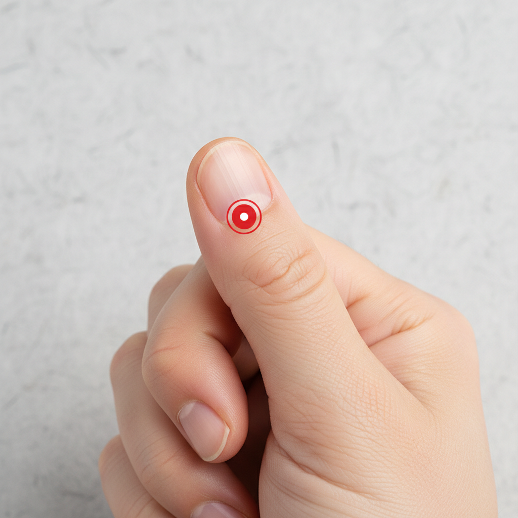 A detailed close-up shot of a Korean hand, specifically focusing on the thumb, with a clear, subtle indication of the Soshang acupressure point below the nail, clean infographic style, textured background, bright lighting, no text