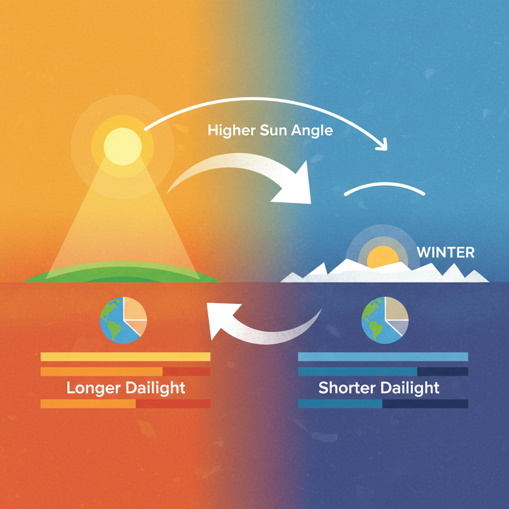 Modern infographic comparing the sun's altitude in summer and winter, illustrating how higher sun angle in summer leads to longer daylight hours and lower sun angle in winter results in shorter daylight, with clear visual representation and a vibrant textured background, no text