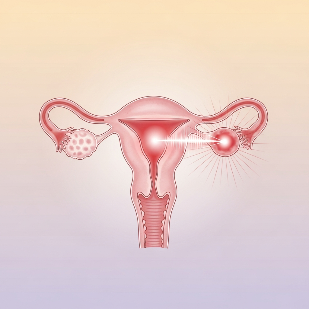 A soft and clean infographic focusing on the female reproductive system, specifically highlighting the right ovary area to denote pain or an issue, elegant pastel gradient background, no text, detailed composition, visually rich.
