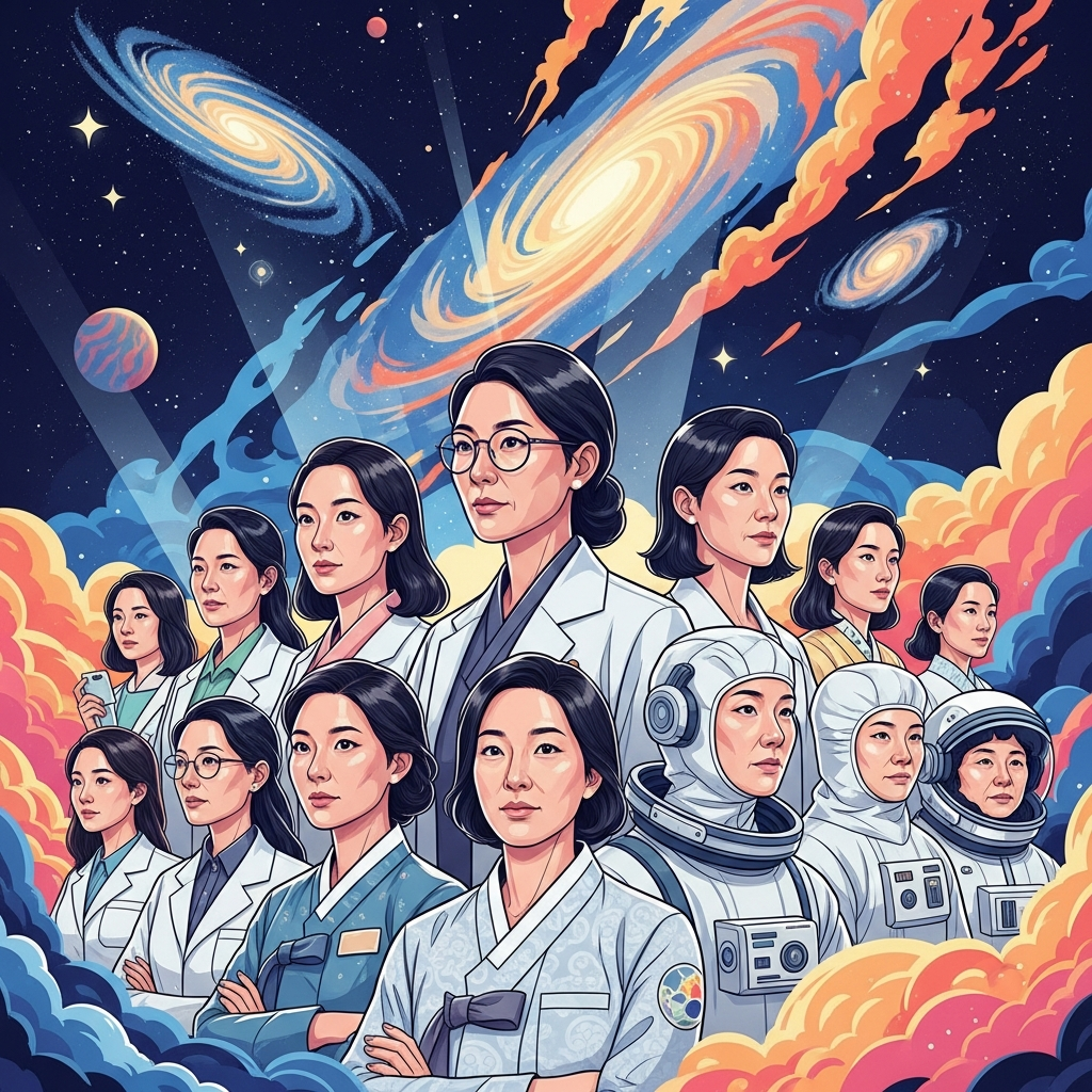 A vibrant illustration showing a diverse group of Korean women, possibly scientists, engineers, or astronauts, looking confidently towards the future, symbolizing the legacy and future of women in space exploration. Style: inspiring and modern. No text.
