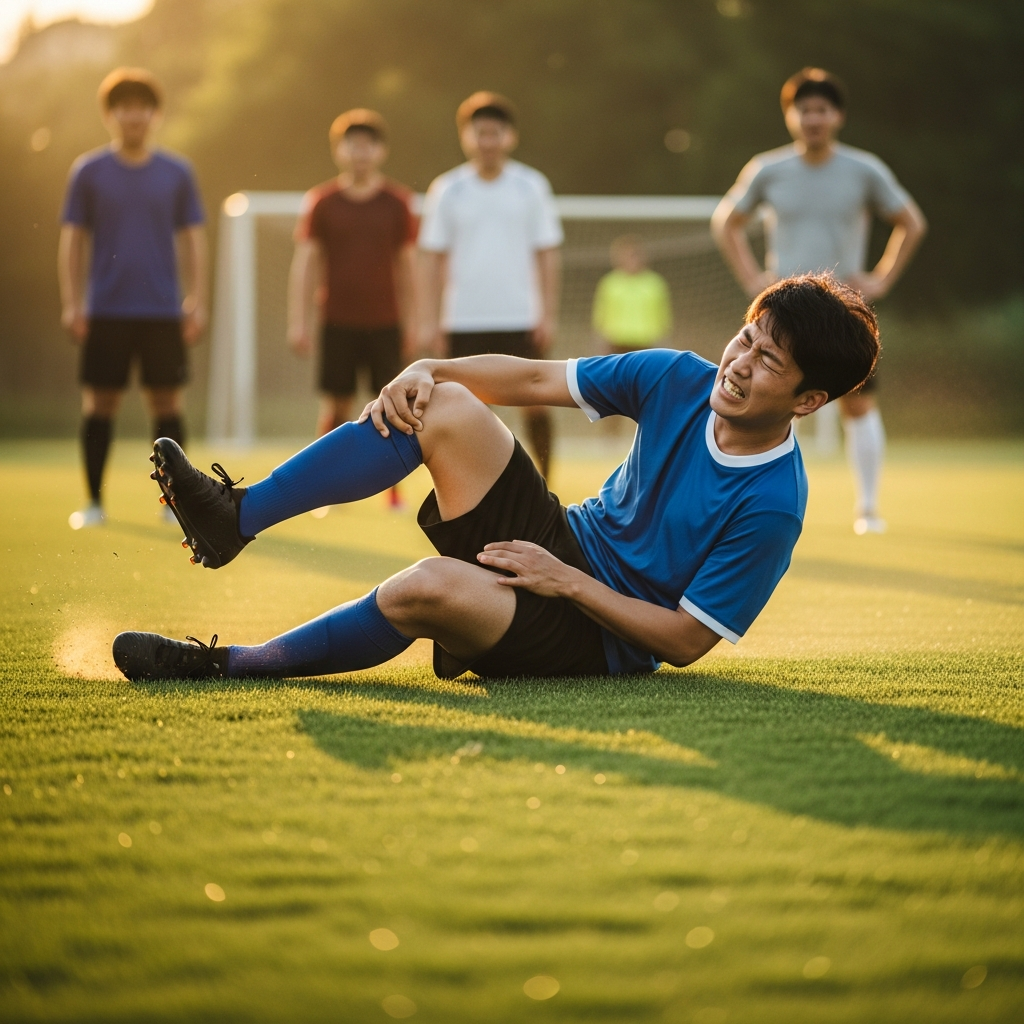 A Korean person experiencing a knee injury during dynamic sports activities like playing soccer or dancing, emphasizing sudden movements and impact. Vivid, lifestyle photography, natural setting, no visible text.