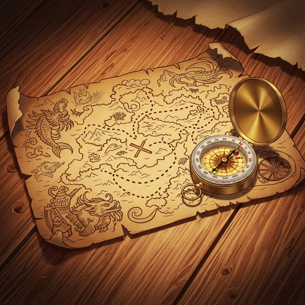An antique treasure map with a vintage compass, on a wooden table, warm lighting, textured background, illustration style, no text