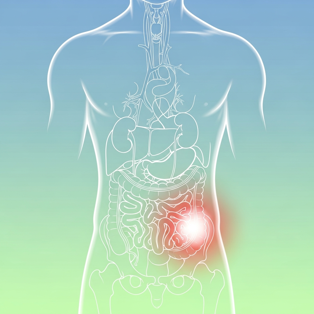 A clean infographic illustrating the human torso, with different internal organs like the appendix, kidneys, and intestines subtly highlighted on the right lower abdomen area, modern layout, high contrast, soft blue and green gradient background, no text, centered focus, visually rich.