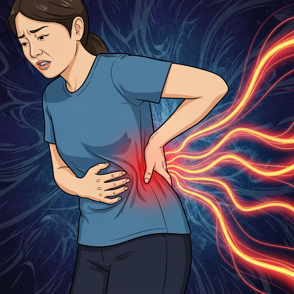A dynamic illustration showing a person experiencing sharp, radiating pain from the right lower back to the lower abdomen, with abstract energy lines indicating the pain pathway, dark blue and purple textured background, no text, Korean appearance, natural expression, centered focus.