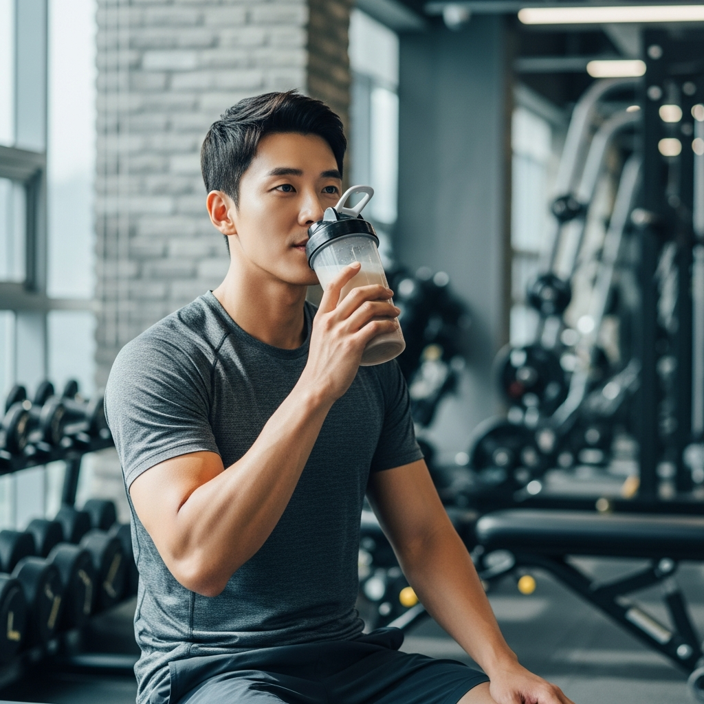 A Korean person in a gym, drinking a protein shake, with a subtle look of contemplation about health, lifestyle photography, natural lighting, textured background, no text.