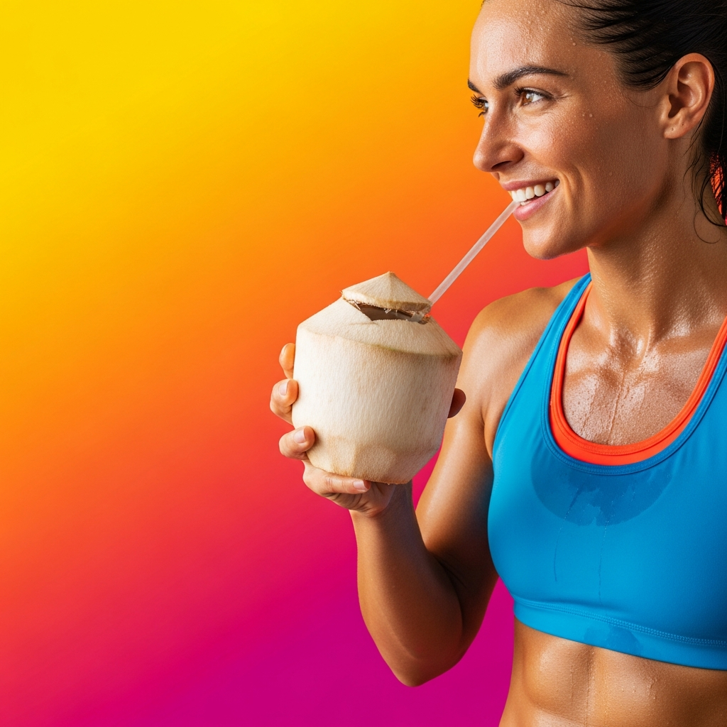 A person enjoying a refreshing coconut water after a workout, vibrant and energetic, colored background, no text