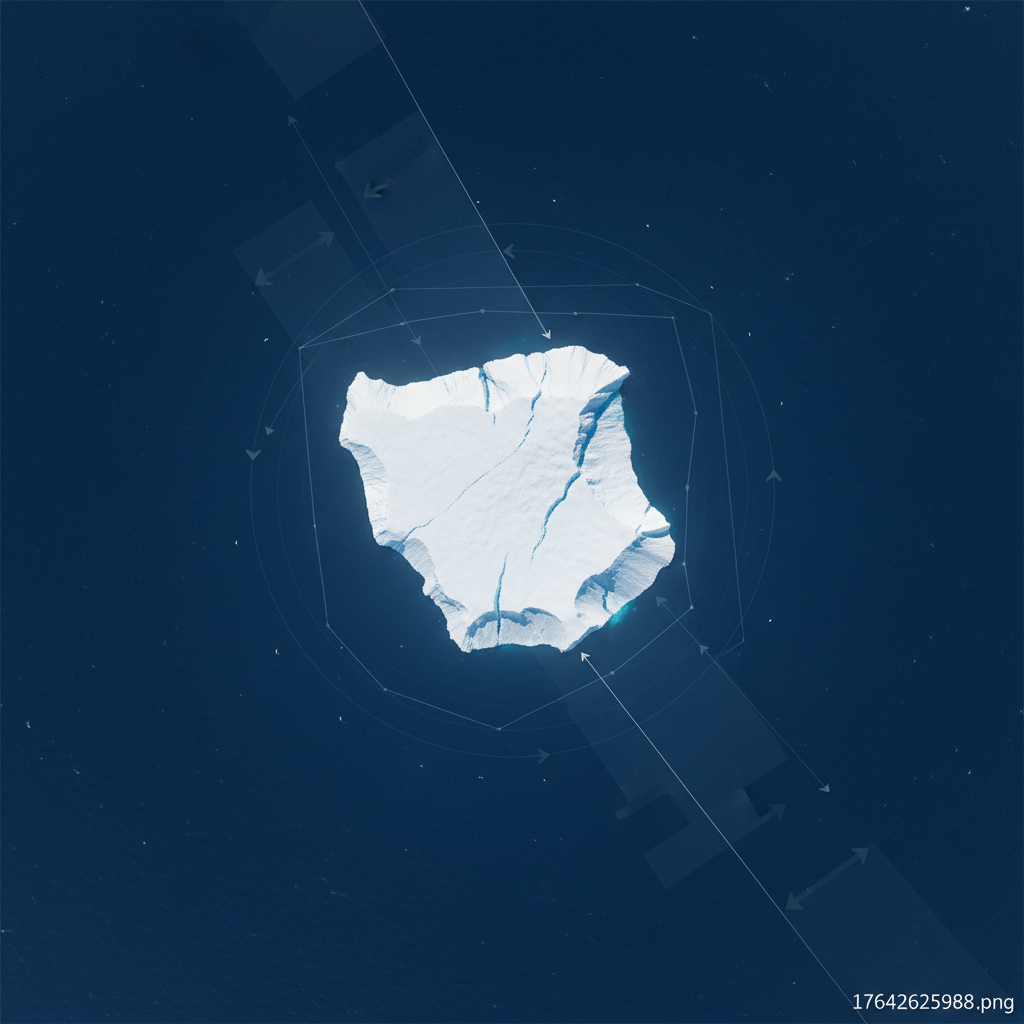 A satellite view of a massive iceberg drifting in the ocean, showing its path with subtle lines, depicting scientific observation and monitoring, clean infographic style, high contrast, blue and white color palette, no text