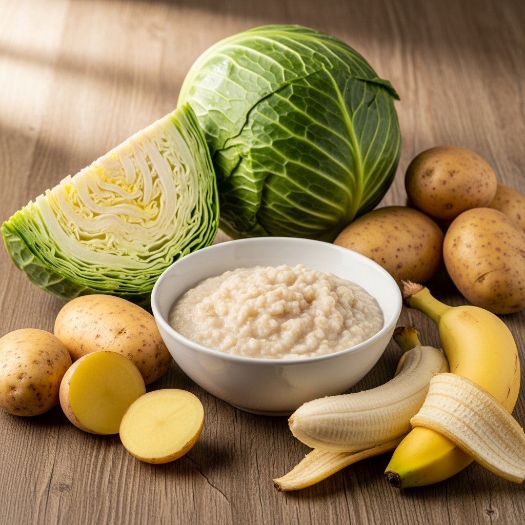 A vibrant display of various healthy foods known to be good for stomach health, such as cabbage, bananas, potatoes, and plain porridge, arranged aesthetically on a wooden table. Lifestyle photography. No text.