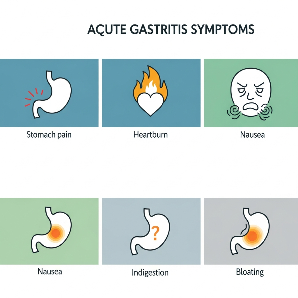 A clean infographic illustrating common acute gastritis symptoms like stomach pain, heartburn, nausea, indigestion, and bloating with simple, clear icons. No text.