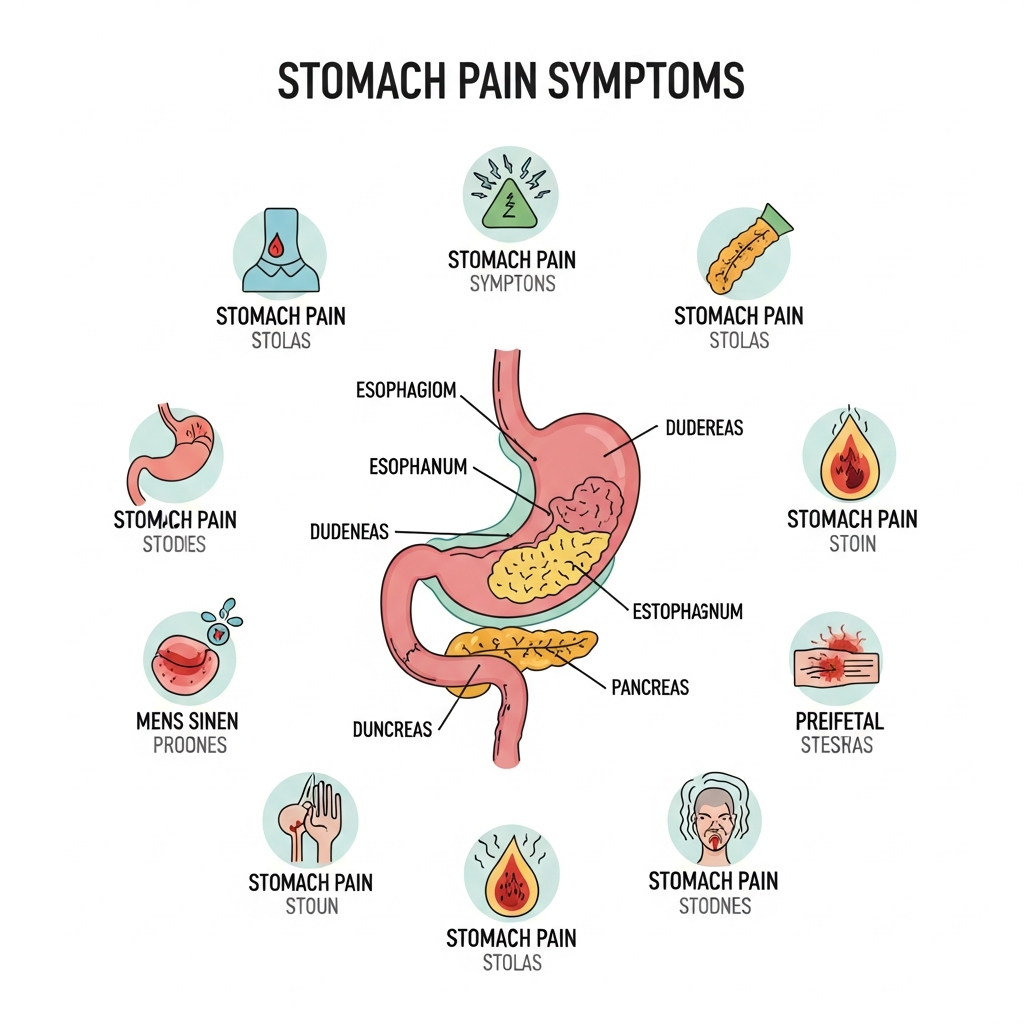 An infographic showing different stomach pain symptoms with icons and text. Include illustrations of stomach anatomy, pain indicators, and symptom types. Clean, medical illustration style with soft colors. No text labels.