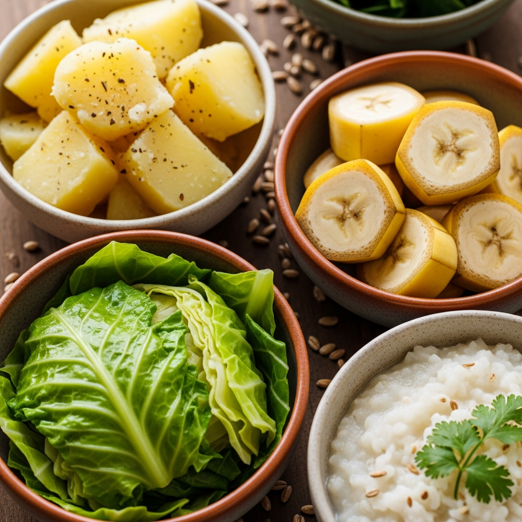 Close-up of healthy foods arranged nicely: steamed potato, banana, cooked cabbage, and rice porridge in bowls. Natural lighting emphasizing freshness. Warm, inviting colors. Food photography style. No text.