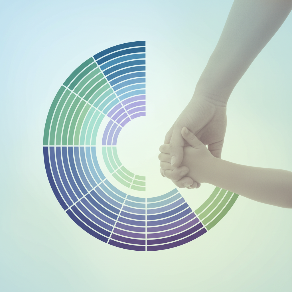 A clean infographic illustrating a human gene map, with a gentle overlay of a parent holding a child's hand, modern layout, high contrast, subtle colored background, no text
