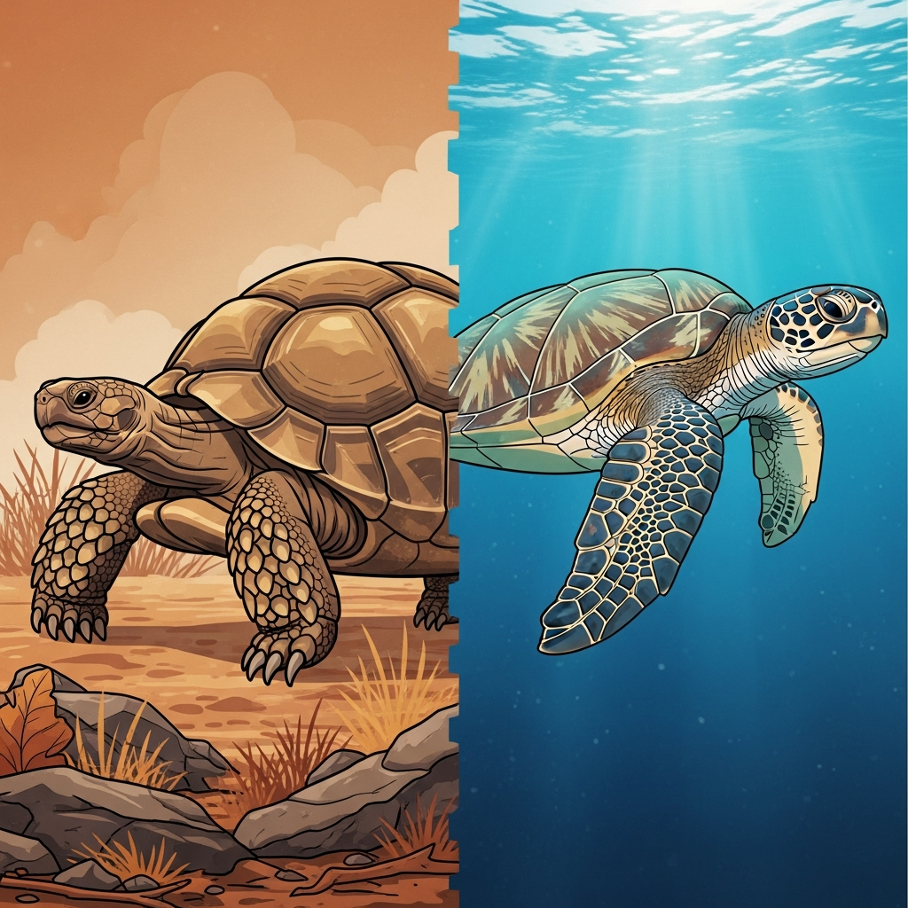 clean infographic, modern layout, high contrast, comparing a tortoise on land and a sea turtle in the ocean, highlighting their physical differences like legs vs flippers and shell shape. Colored background, no text.