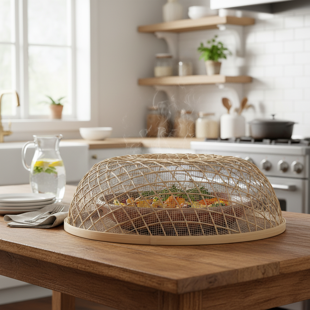 A well-covered dish on a dining table, protected from flies, depicting a clean and organized kitchen environment, lifestyle photography, warm lighting, natural setting, no text, centered focus, visually rich.