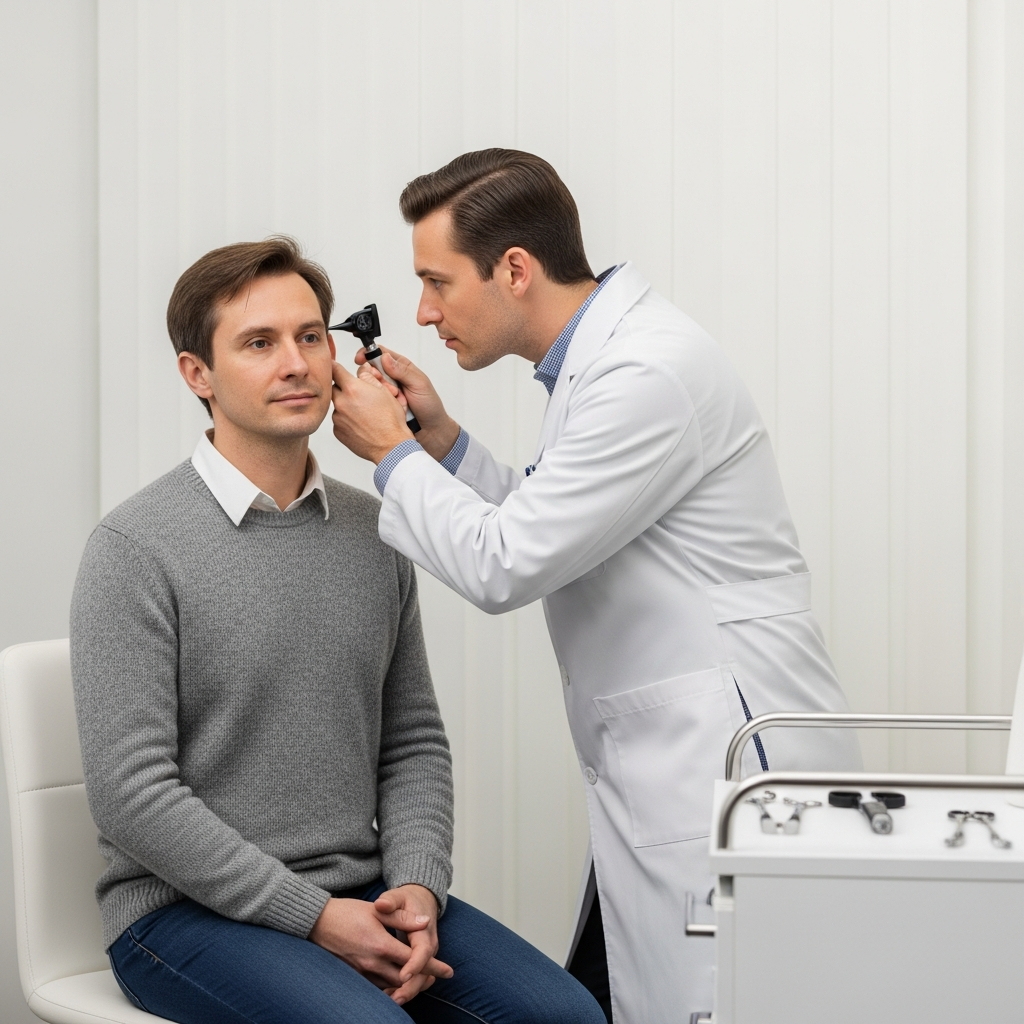 A doctor examining a patient's ear and balance using medical instruments in a bright clinic setting. The patient is sitting while the doctor performs an examination with a specialized otoscope. Professional medical setting with clean white background. No text.