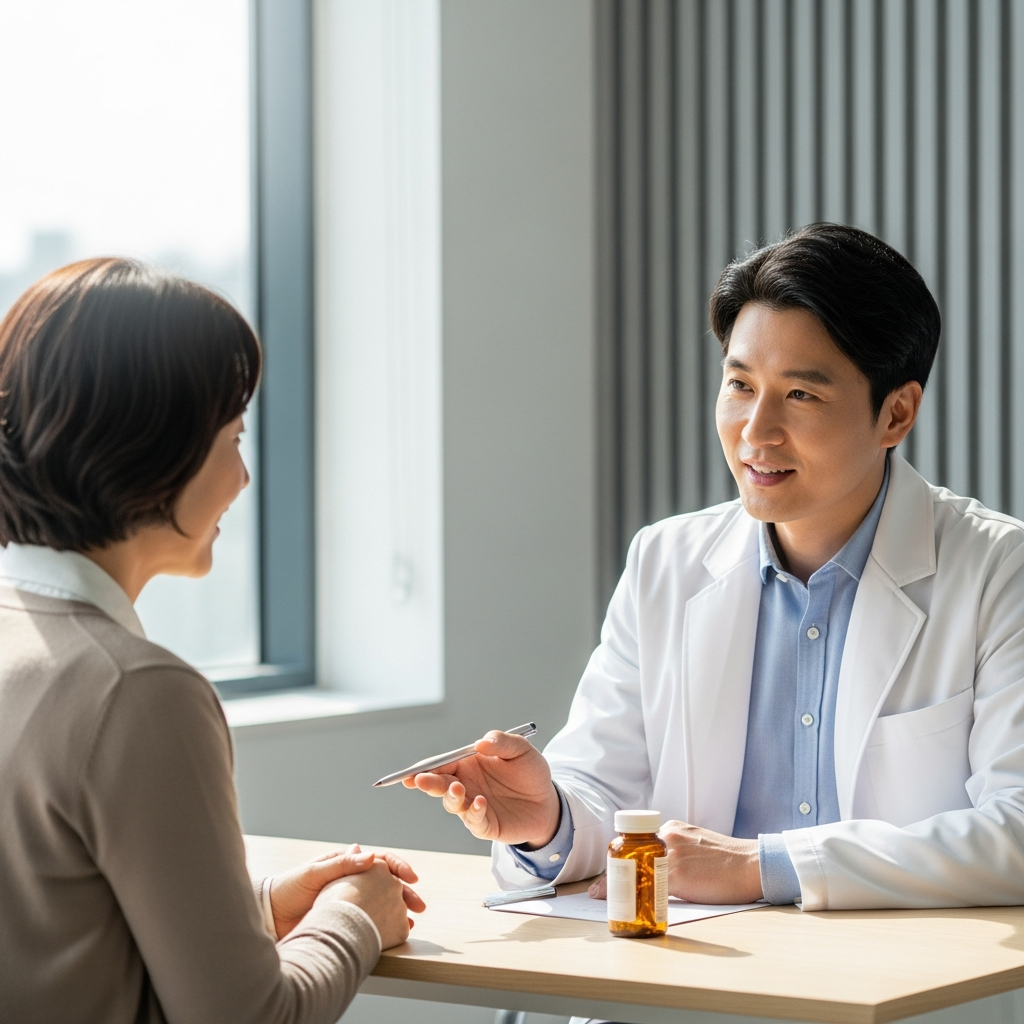 A professional Korean doctor or pharmacist explaining supplement benefits to a patient, clean office setting, bright lighting, textured background, no visible text