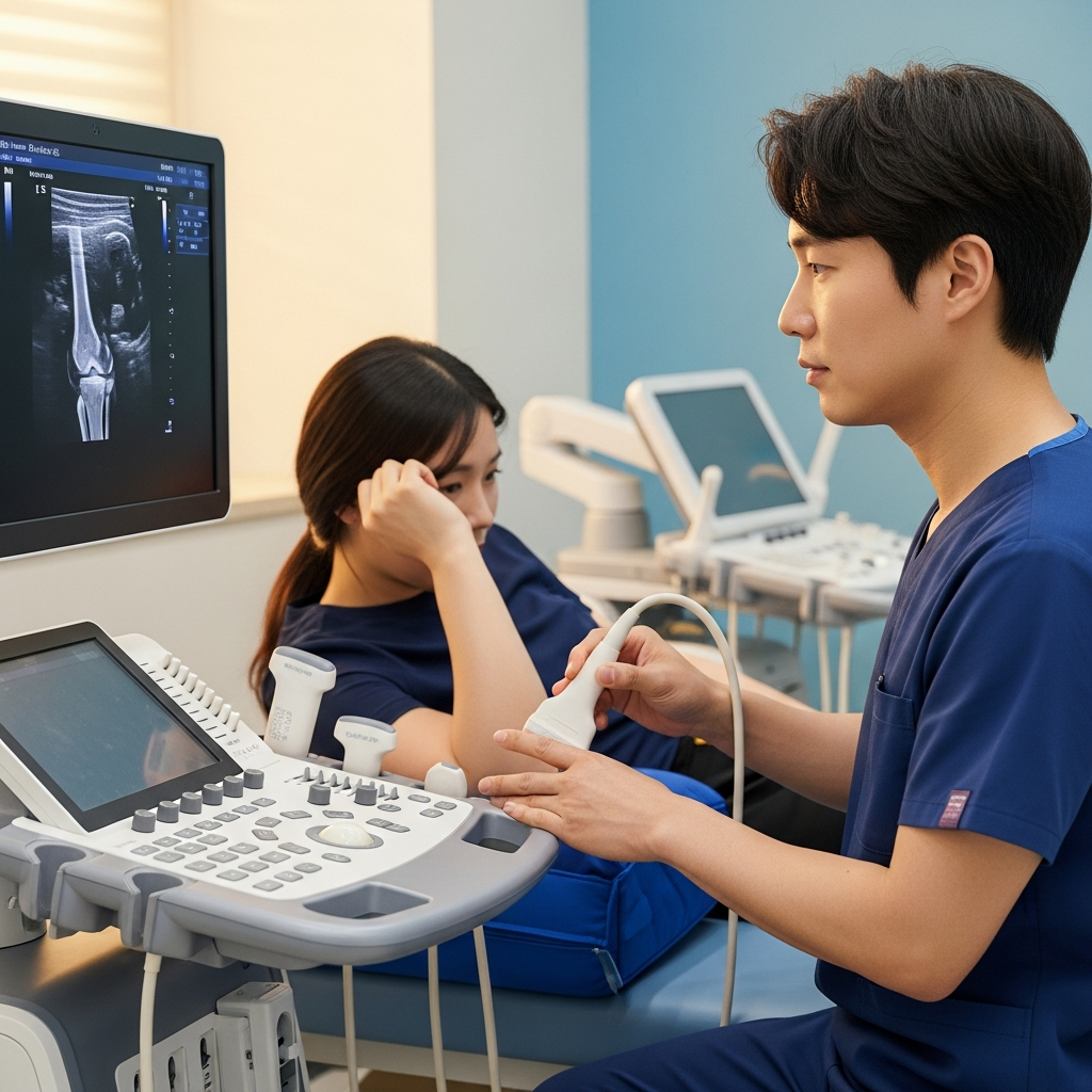 A medical professional performing ultrasound examination on a patient's elbow. Show the ultrasound probe, screen displaying images, and the patient's arm in examination position. Clinical setting with modern medical equipment. Realistic healthcare environment, warm lighting, Korean medical professional and patient, no text.