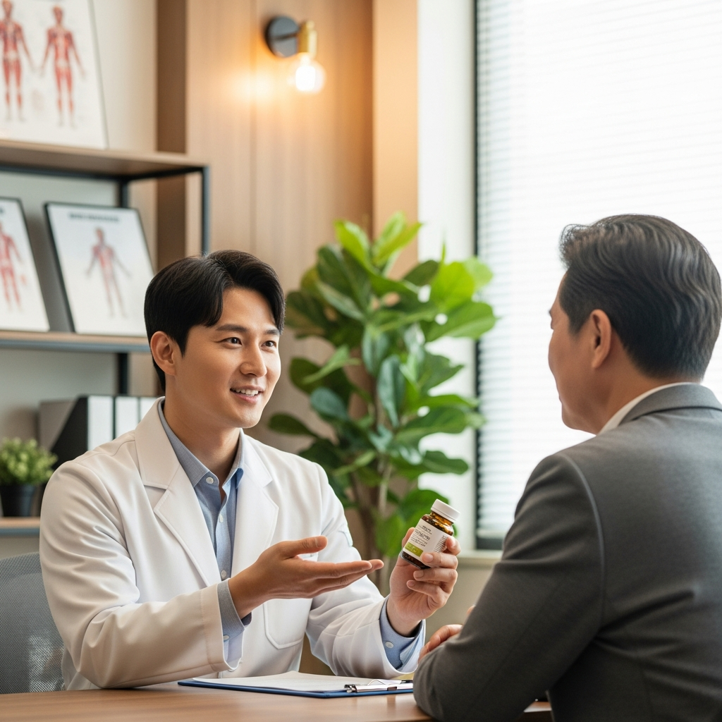 Korean doctor consulting with middle-aged patient about supplements in clinic, professional medical setting, warm and trustworthy atmosphere, lifestyle photography, no text in image