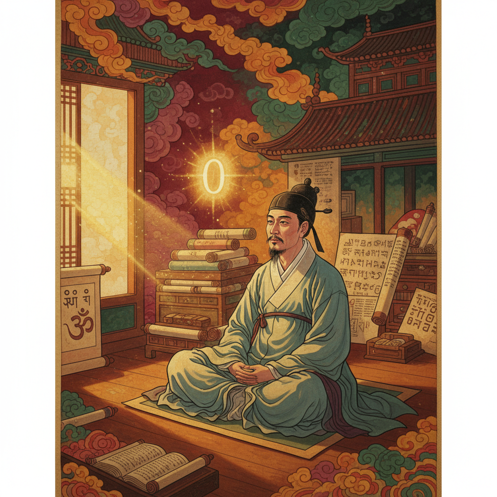 An artistic rendering of an ancient Indian scholar contemplating the concept of zero, surrounded by ancient Indian texts or symbols, bright natural lighting, rich colored background, no text, Korean appearance.