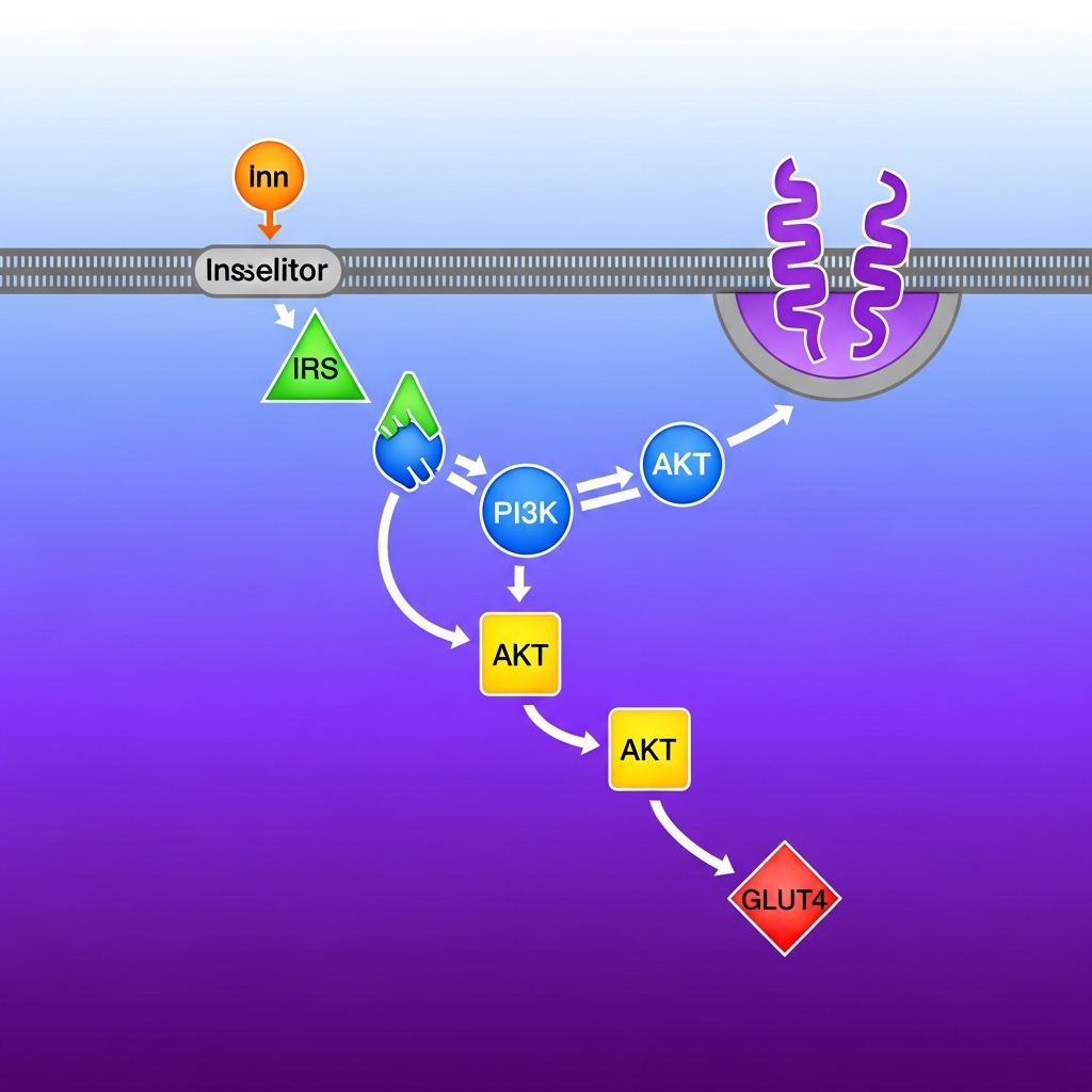Clean infographic showing the insulin signaling pathway in human cells, modern layout, high contrast, vibrant colors, gradient background, no text