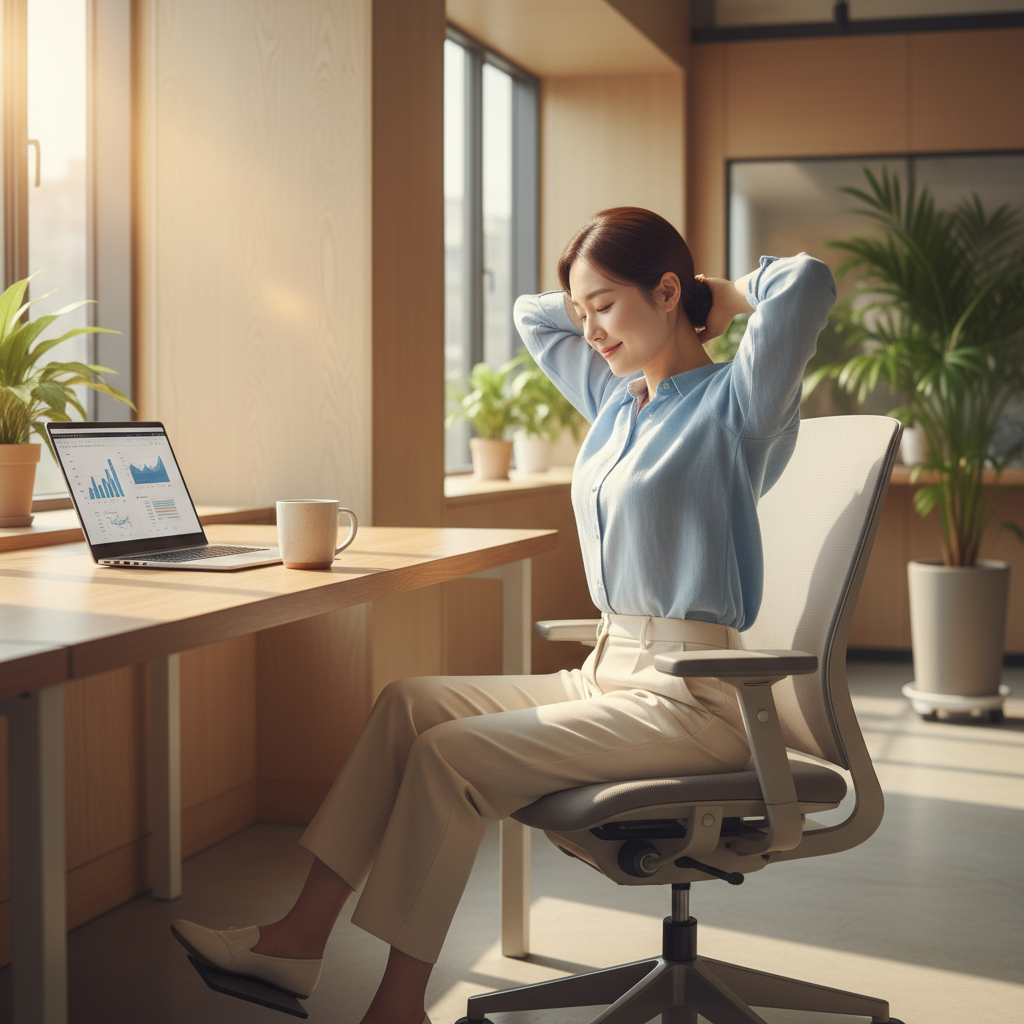 A Korean person subtly stretching or moving their body while working or taking a break in a bright, modern setting, illustrating daily psoas muscle care, warm lighting, natural expression, no text