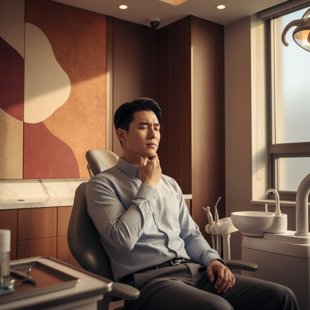 A Korean man gently touching his jaw after a dental procedure, subtle discomfort on his face, in a clean and modern clinic setting, warm lighting, rich colored background, no text