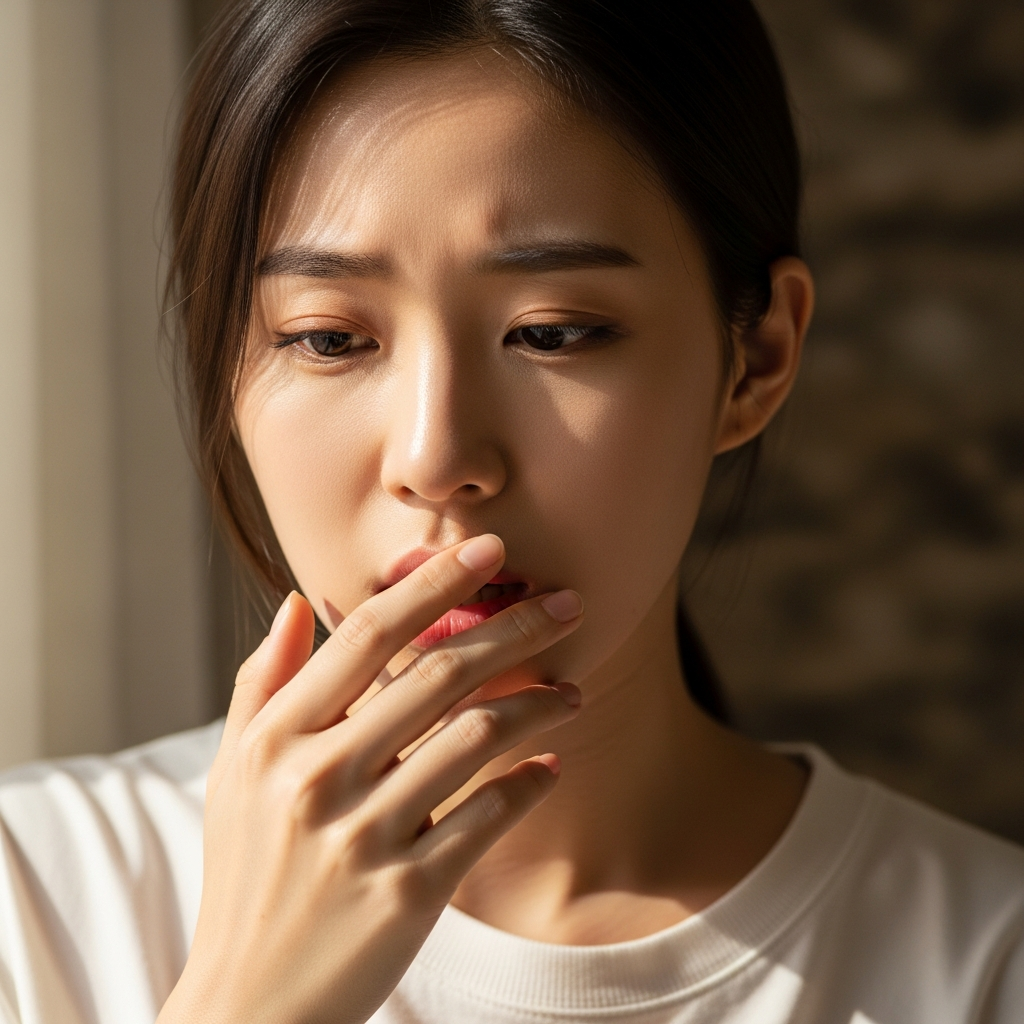 A Korean person gently touching their mouth, showing a subtle expression of discomfort or mild pain in their oral cavity, warm lighting, natural setting, textured background, lifestyle photography, no text