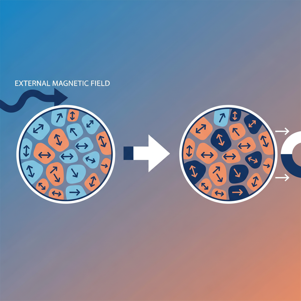 Clean infographic showing magnetic domains in iron aligning with an external magnetic field, illustrating the attraction, modern layout, high contrast, blue and orange color scheme, no text, gradient background