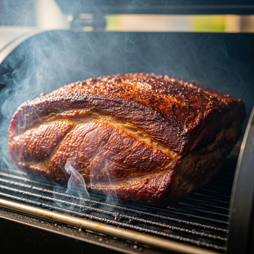 Close-up of meat slowly smoking on a traditional BBQ smoker, visible smoke wisps, rich brown color on meat surface, professional food photography, warm lighting emphasizing texture, outdoor cooking setting, no text in image