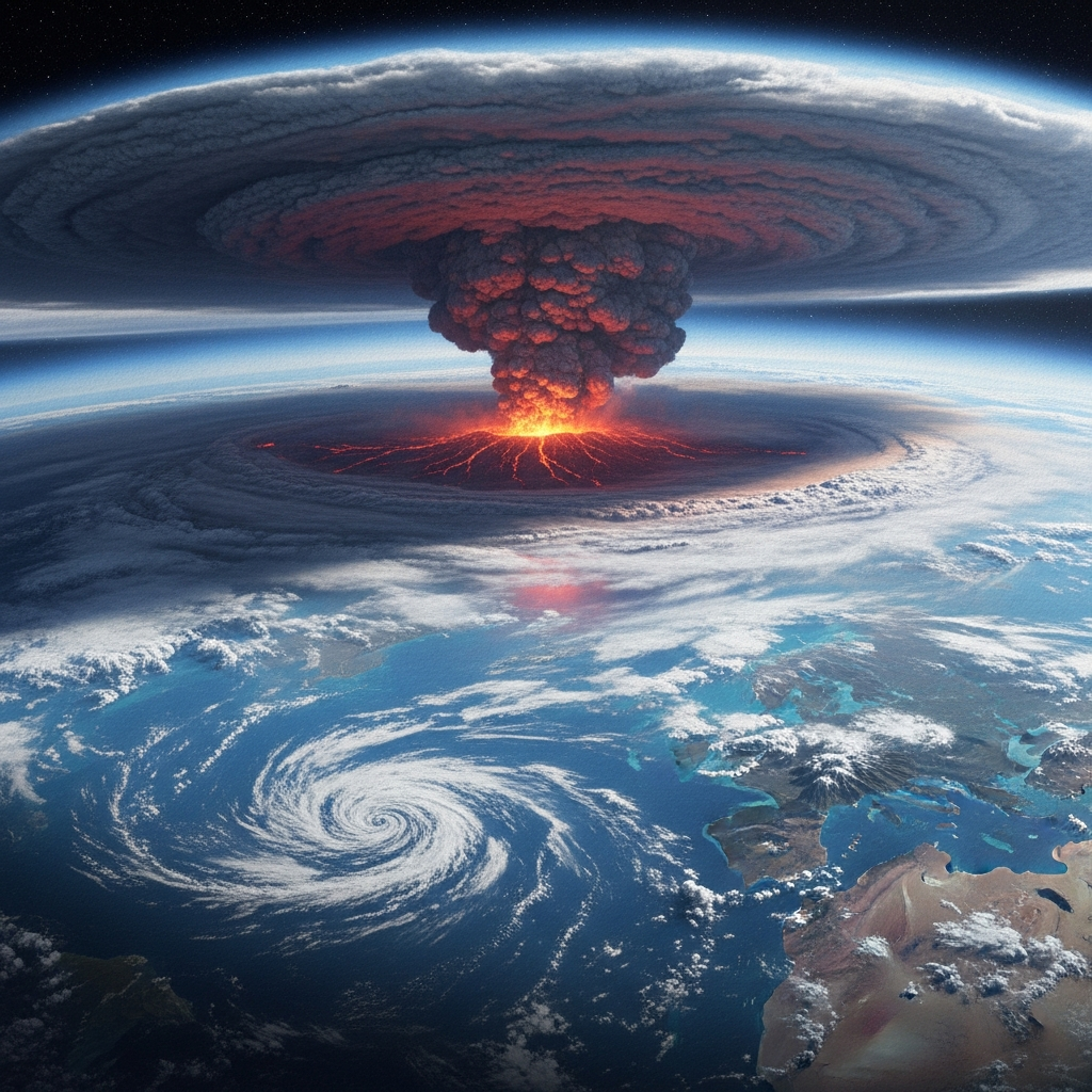 An artistic rendering of a vast volcanic ash plume spreading across the globe, seen from space, illustrating its wide impact on the atmosphere, illustration, artistic rendering, textured background, no text