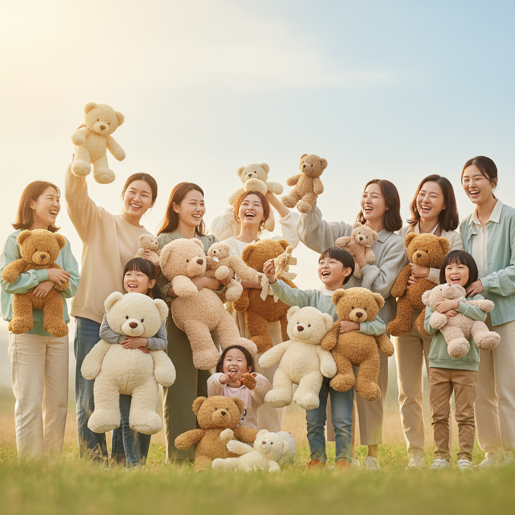 A cheerful and diverse group of people of all ages, including children and adults, happily interacting with various teddy bears in a warm, natural setting with a gradient background, symbolizing global appeal and comfort. Korean appearance for people, no text.