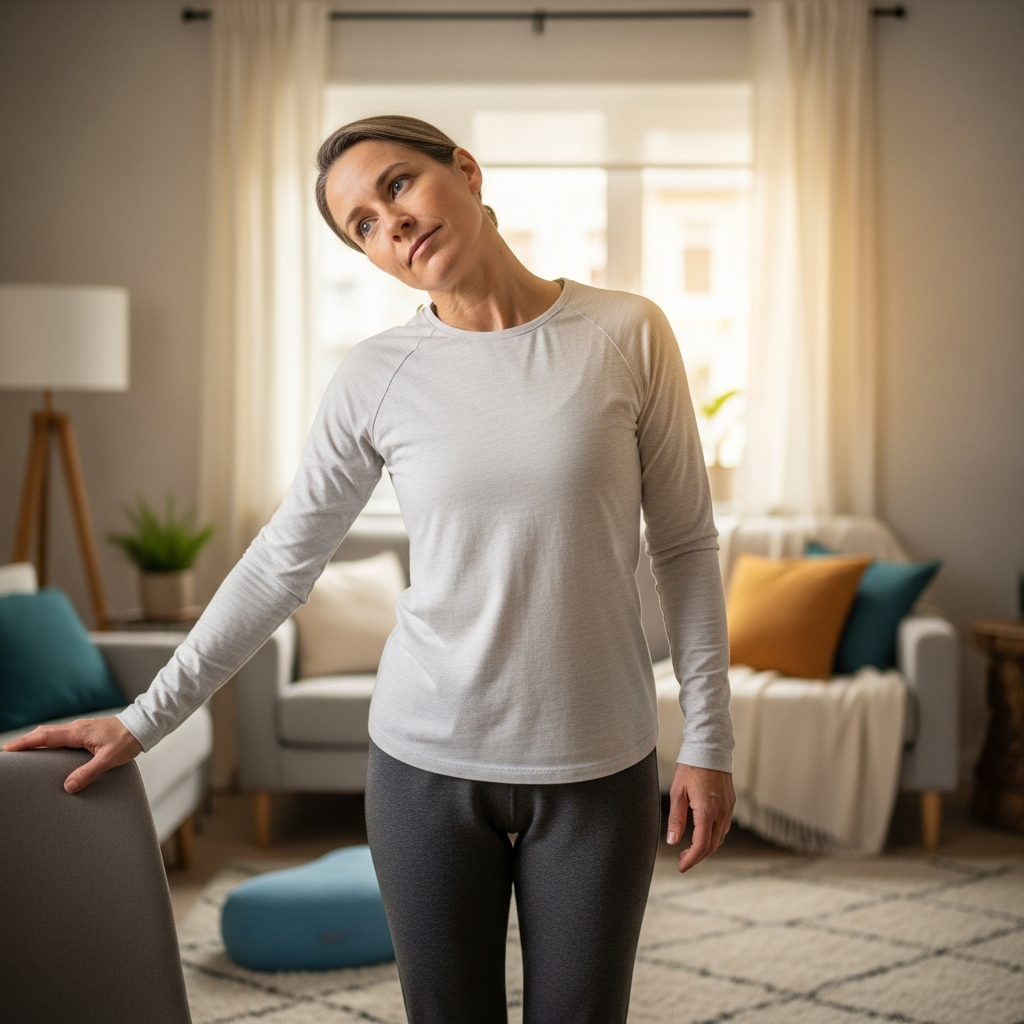 A person performing balance and vestibular rehabilitation exercises at home, doing gentle head movements and balance training. Show controlled movement with focus and determination. Warm, encouraging home environment. No text.