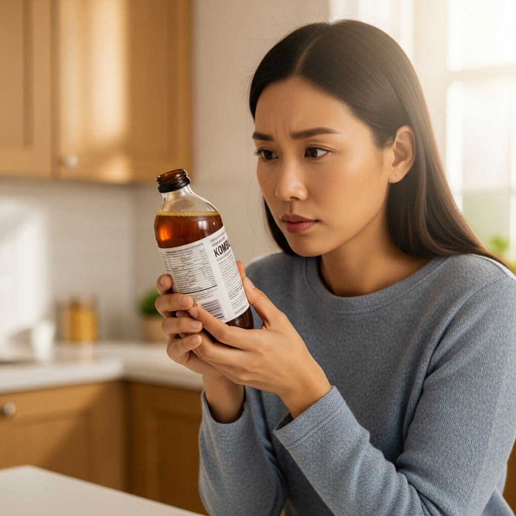 Warning concept illustration showing person reading product label carefully, Korean woman in kitchen checking kombucha bottle ingredients, thoughtful expression, soft lighting, lifestyle photography, educational mood, no text in image