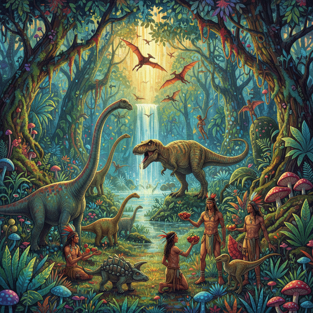 An artistic rendering of a fantastical scene where humans and dinosaurs coexist in a lush, ancient jungle, illustration style, textured background, vibrant colors, no visible text in image, no Korean characters