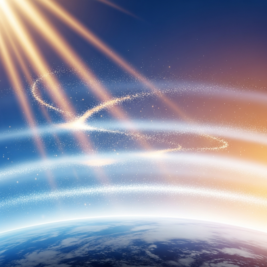 A conceptual illustration of Earth's atmosphere, with sunlight rays being partially reflected by atmospheric particles, hinting at global temperature changes, modern layout, high contrast, colored background, no text