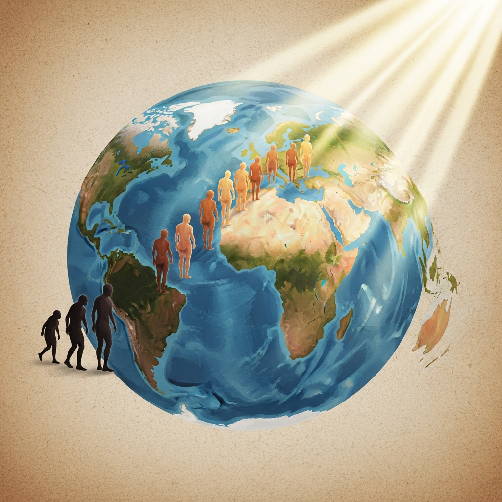 An artistic rendering showing the globe with rays of sunlight hitting different regions, depicting the evolution of human skin color in response to varying sun exposure, illustration style, textured background, no text.