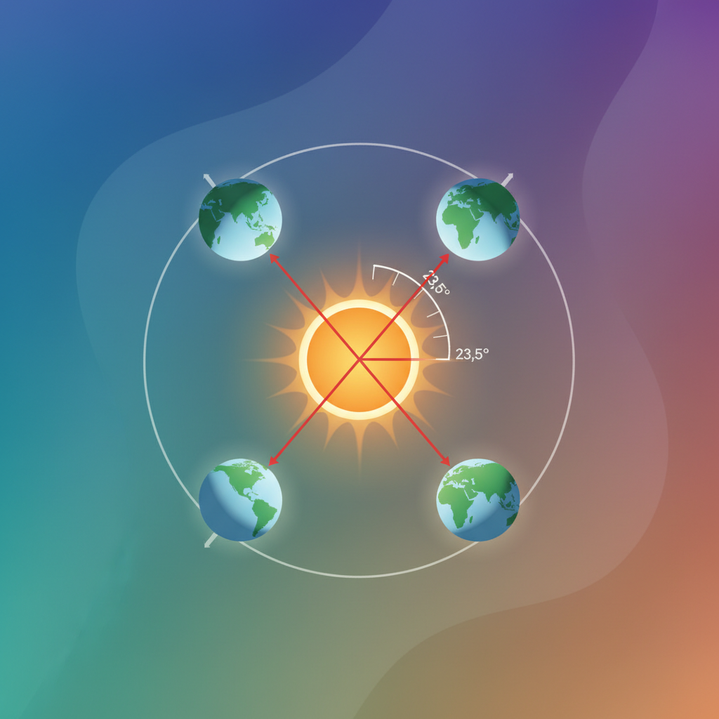 Clean infographic showing Earth with a prominent 23.5-degree axial tilt orbiting the Sun, illustrating how different parts of Earth receive varying sunlight throughout the year, with a colorful gradient background, no text