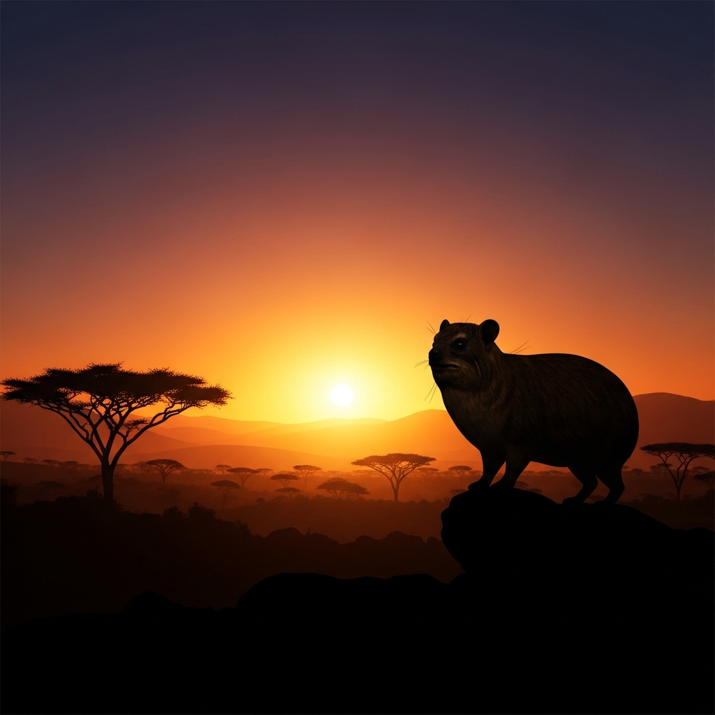 artistic rendering of a hyrax silhouette against a vast African landscape at sunset, emphasizing its ancient lineage, gradient background, no visible text.
