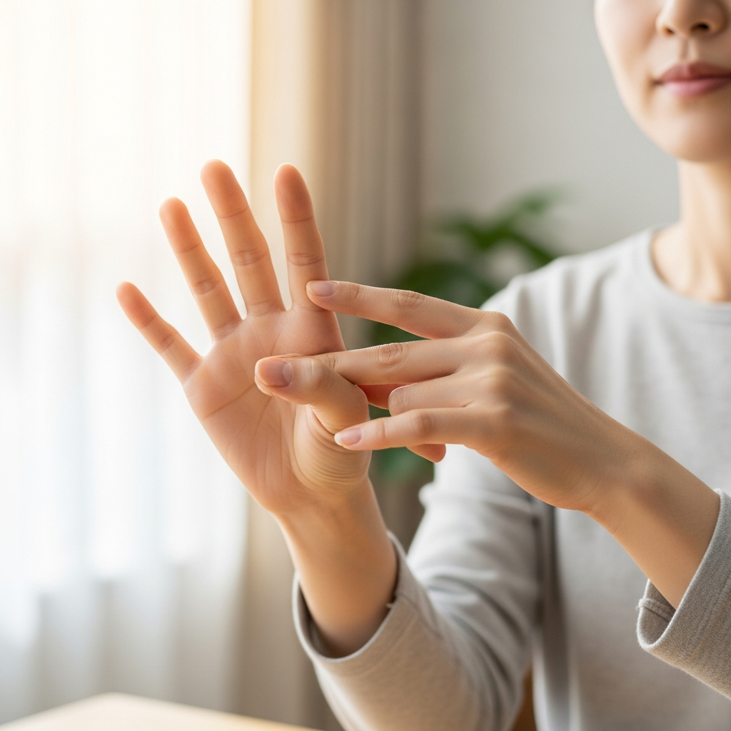 A Korean person demonstrating simple hand and finger stretches for trigger finger relief, in a bright, clean, and comfortable home environment. Lifestyle photography, no text in image, natural light, focusing on the hands.