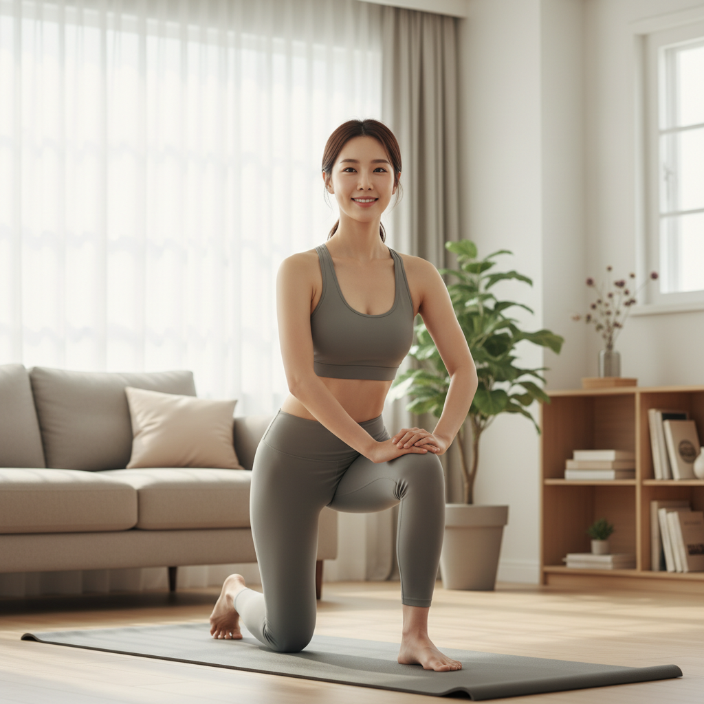 A Korean person performing a correct psoas muscle stretch, showing proper form, lifestyle photography, bright home interior background, natural expression, no text