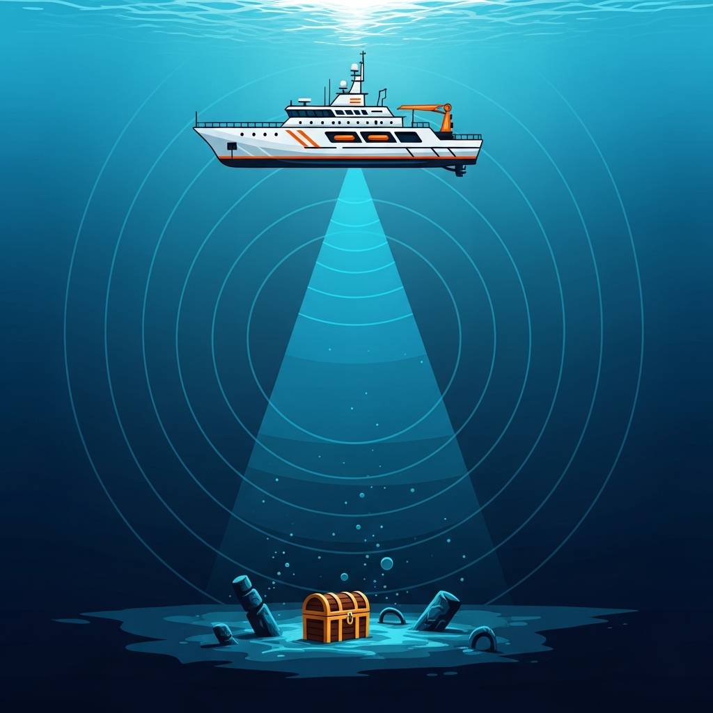 A modern deep-sea exploration vessel using advanced sonar technology to search for sunken treasures, vibrant blue ocean, clean infographic style, high contrast, no text