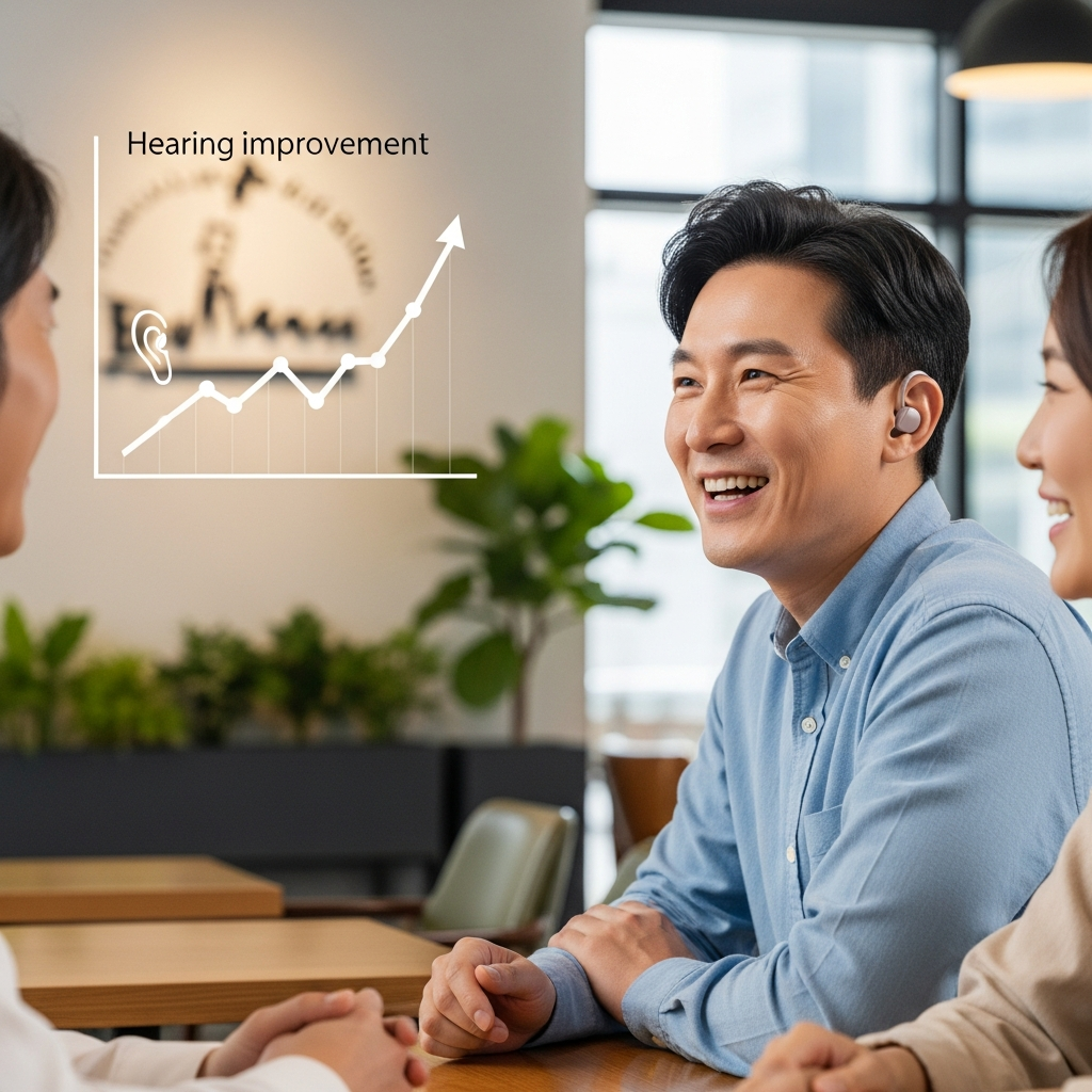 A Korean adult successfully using hearing aids or cochlear implant, showing improved quality of life. Display hearing improvement chart in subtle background. Lifestyle photography, hopeful atmosphere, no text.