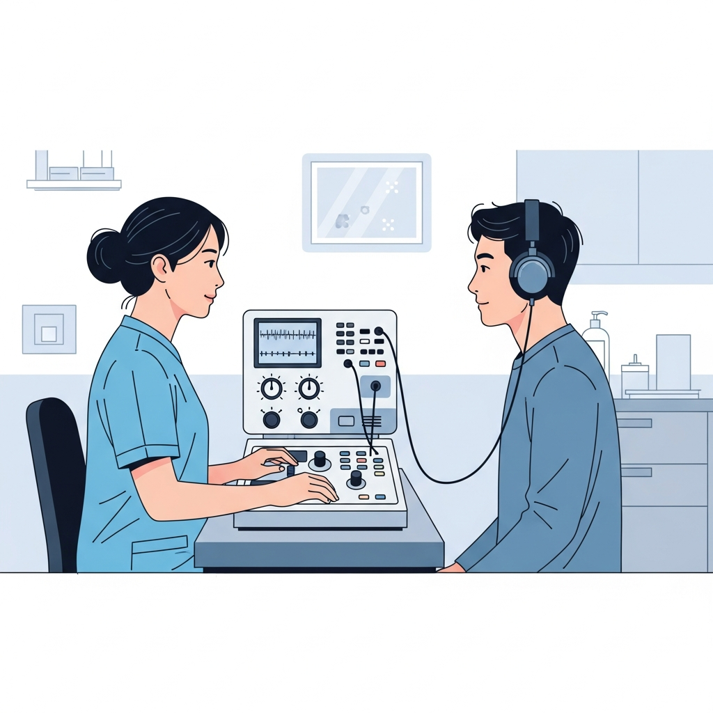 A medical professional conducting hearing test with a Korean patient in a clinical setting. Show audiometry equipment, professional atmosphere, and focused attention. Clean, infographic-style illustration. No text.