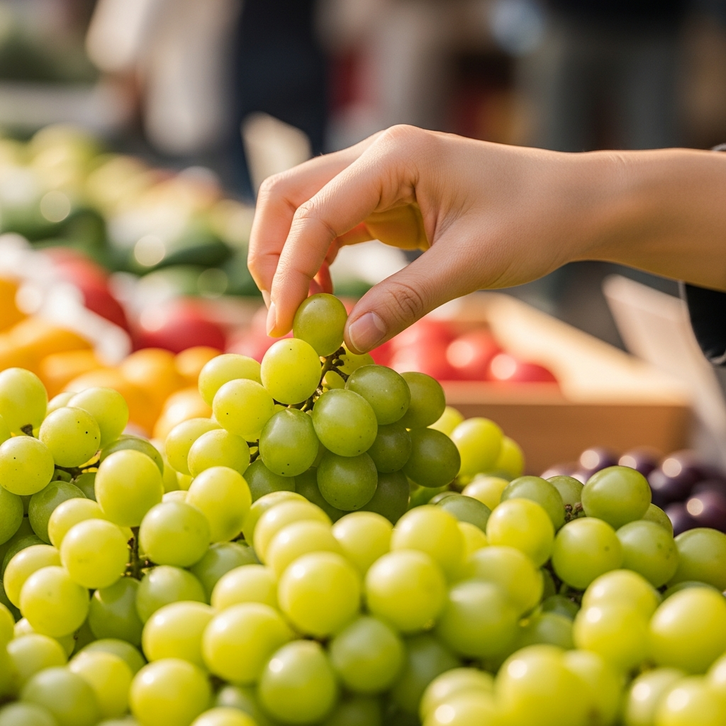 A Korean hand delicately selecting fresh green grapes at a market stall, focusing on the quality and ripeness, lifestyle photography, warm lighting, natural market background, no text.